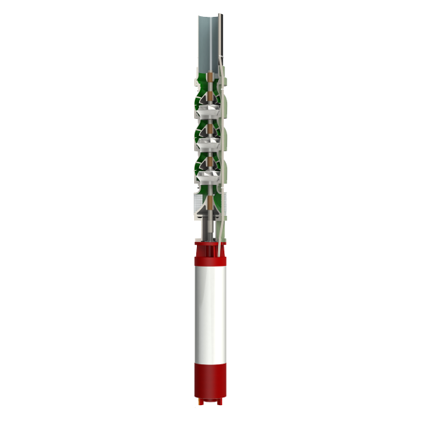 black, green, red, white, vertical pump on clear background cutaway