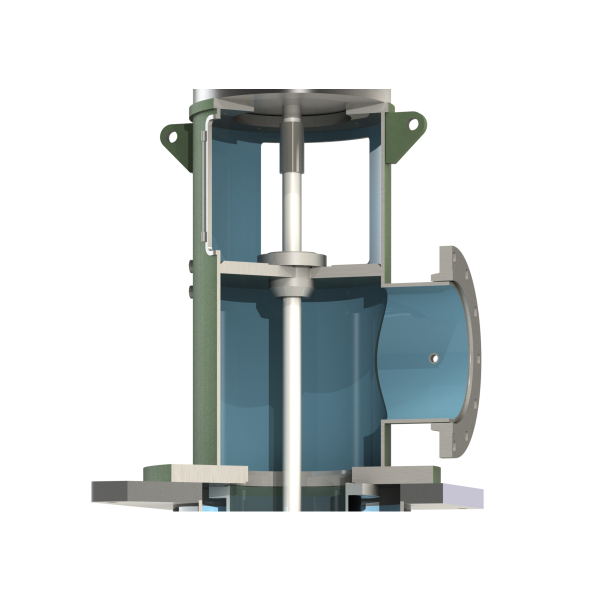 cutaway of L shaped discharge head in silver, blue, and green color for fabricated pumps