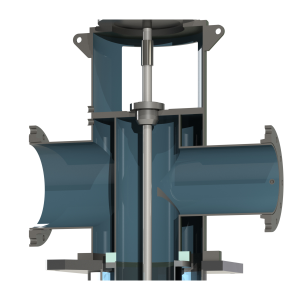 cutaway of T shaped discharge head in silver, blue, and green color for fabricated pumps